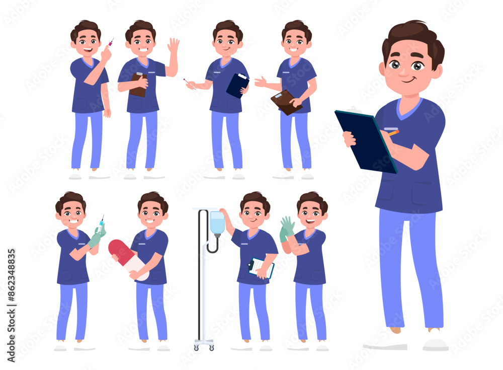 Set of Happy people in nurse uniform with different acting Set of Happy people in nurse uniform with different acting