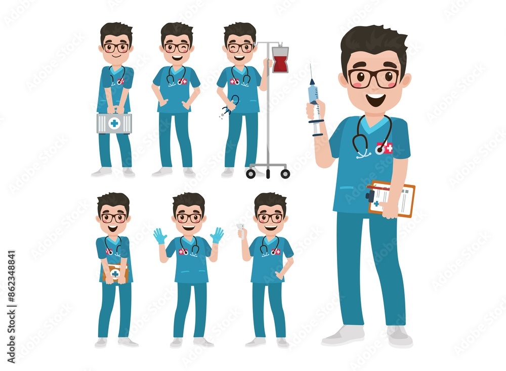 Fototapeta premium Set of Happy people in nurse uniform with different acting