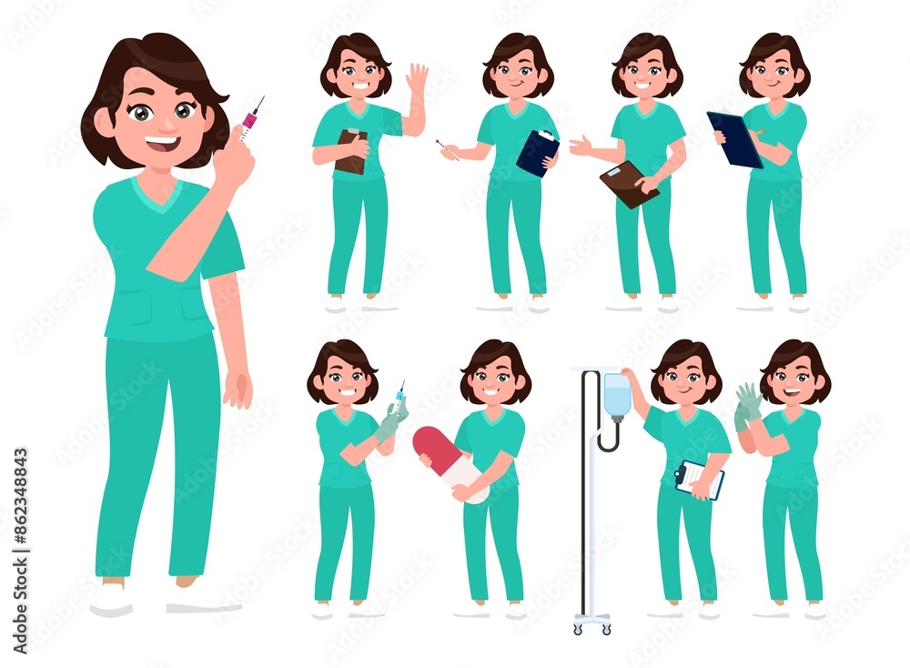 Set of Happy people in nurse uniform with different acting Set of Happy people in nurse uniform with different acting