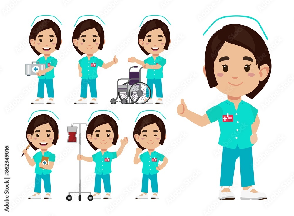 Set of Happy people in nurse uniform with different acting Set of Happy people in nurse uniform with different acting