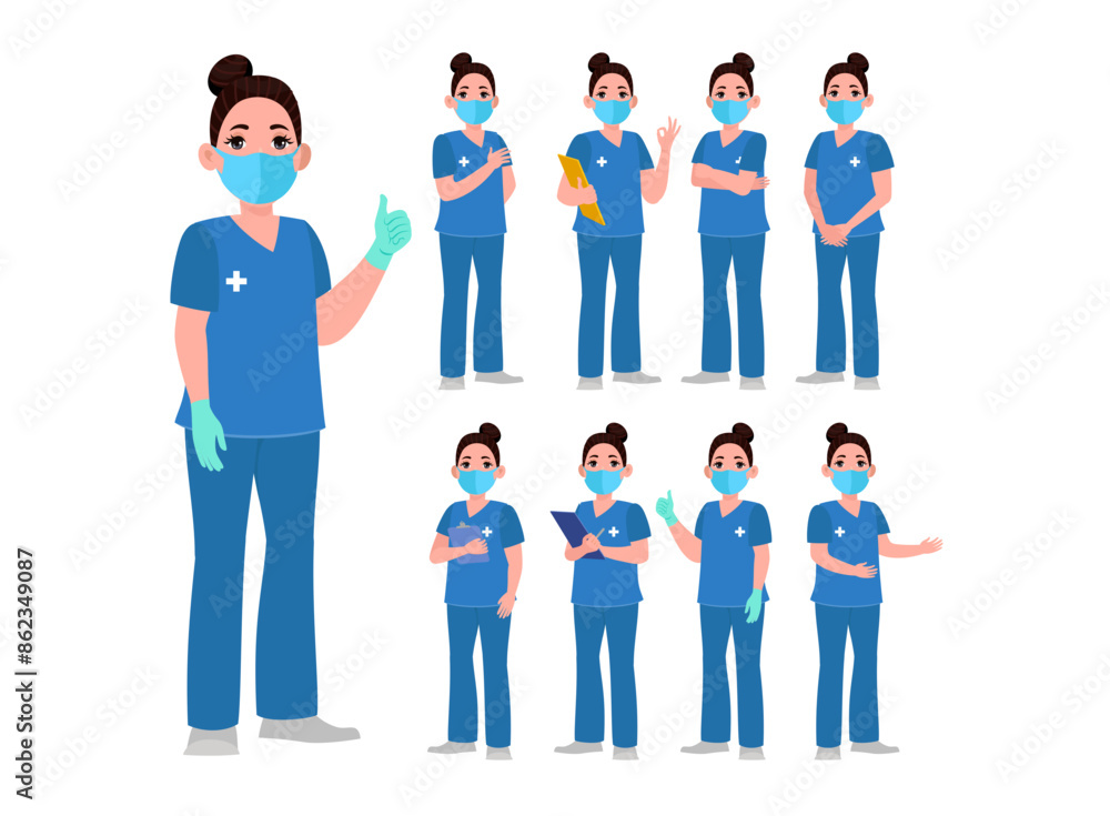 Fototapeta premium Set of Happy people in nurse uniform with different acting