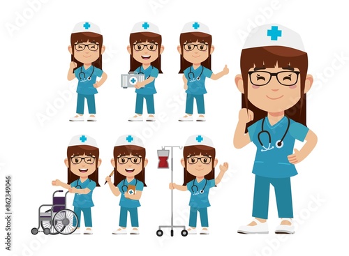 Set of Happy people in nurse uniform with different acting