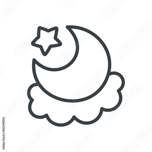 Cute moon icon. Hand drawn monochrome illustration of a crescent moon with a cloud and a little star isolated on a white background. Kawaii sticker. Vector 10 EPS.