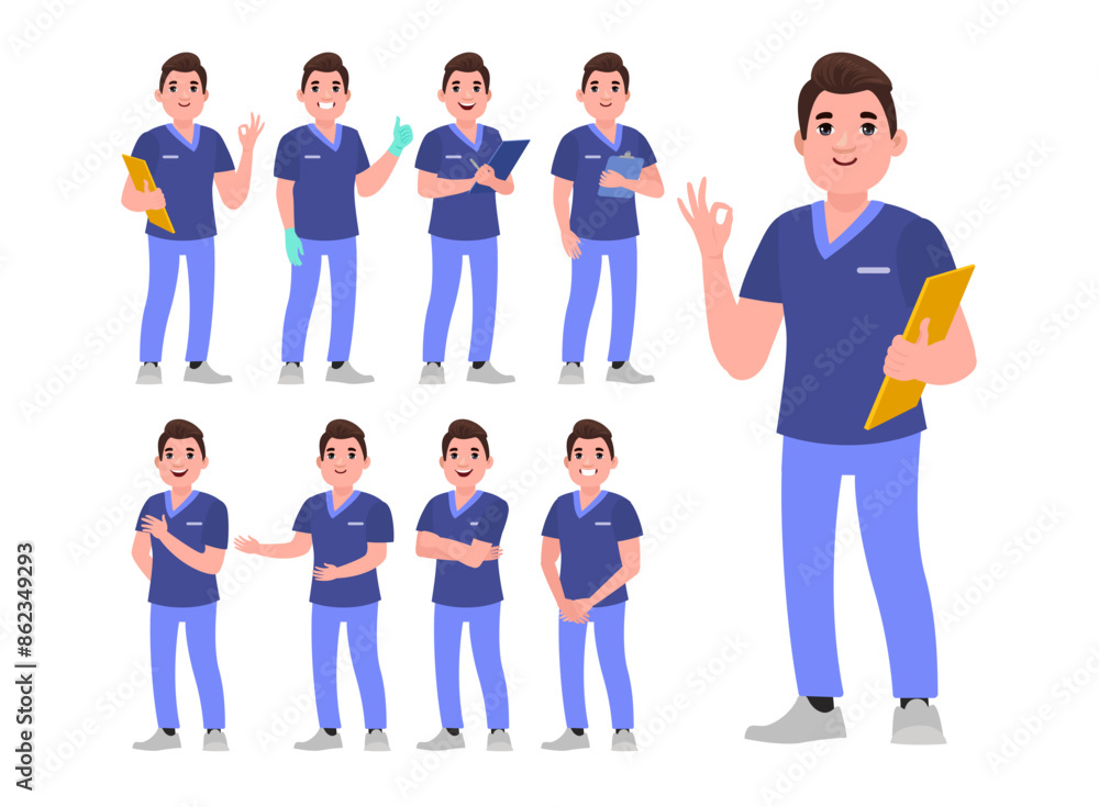 Set of Happy people in nurse uniform with different acting Set of Happy people in nurse uniform with different acting