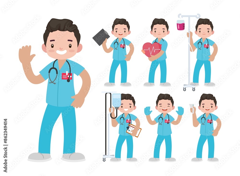 Set of Happy people in nurse uniform with different acting Set of Happy people in nurse uniform with different acting