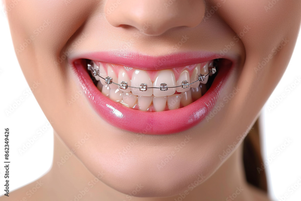 Obraz premium Close up brackets on teeth. Orthodontic Treatment. Woman smile