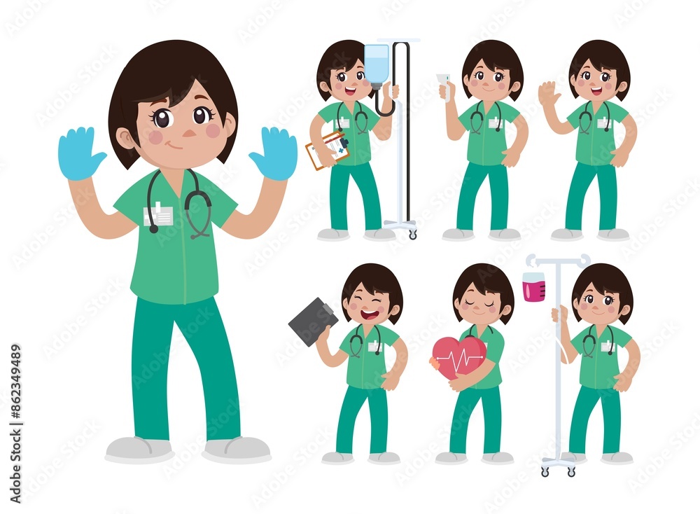 Set of Happy people in nurse uniform with different acting Set of Happy people in nurse uniform with different acting