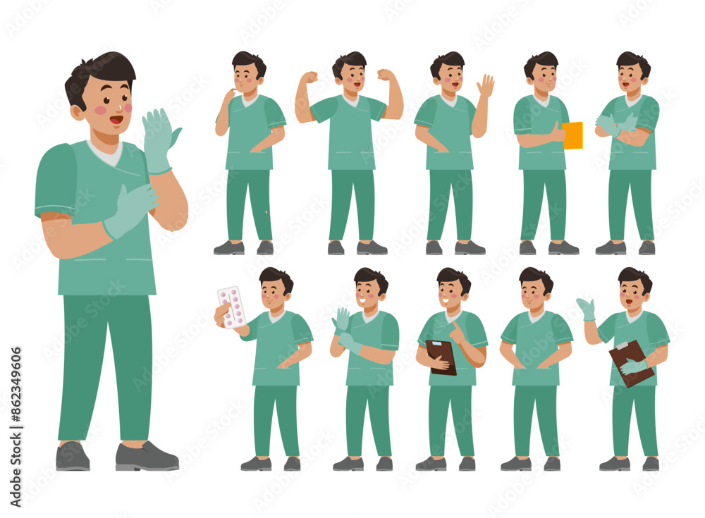 Set of Happy people in nurse uniform with different acting Set of Happy people in nurse uniform with different acting