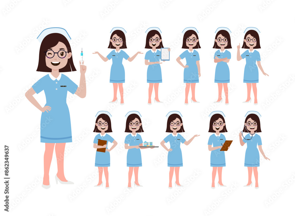 Set of Happy people in nurse uniform with different acting Set of Happy people in nurse uniform with different acting