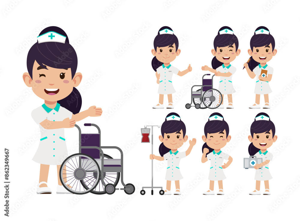 Set of Happy people in nurse uniform with different acting Set of Happy people in nurse uniform with different acting