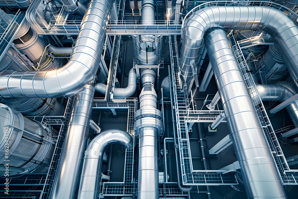 Wide-angle shot of a complex industrial piping system with metallic ducts, showcasing engineering and industrial design. Wide-angle shot of a complex industrial piping system with metallic ducts, showcasing engineering and industrial design.
