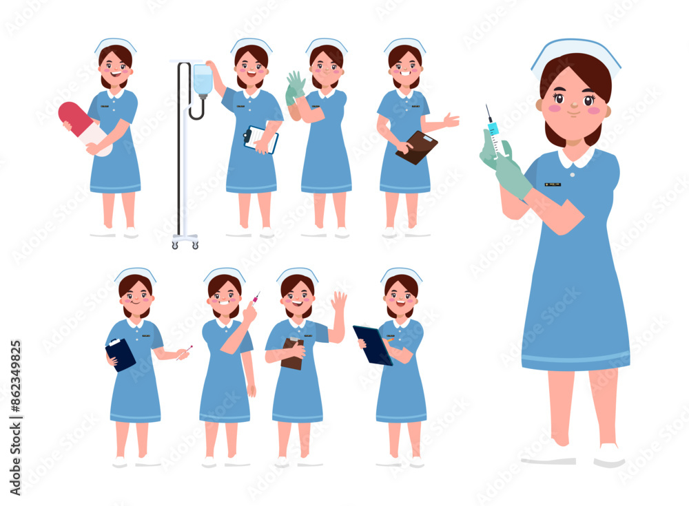 Set of Happy people in nurse uniform with different acting Set of Happy people in nurse uniform with different acting