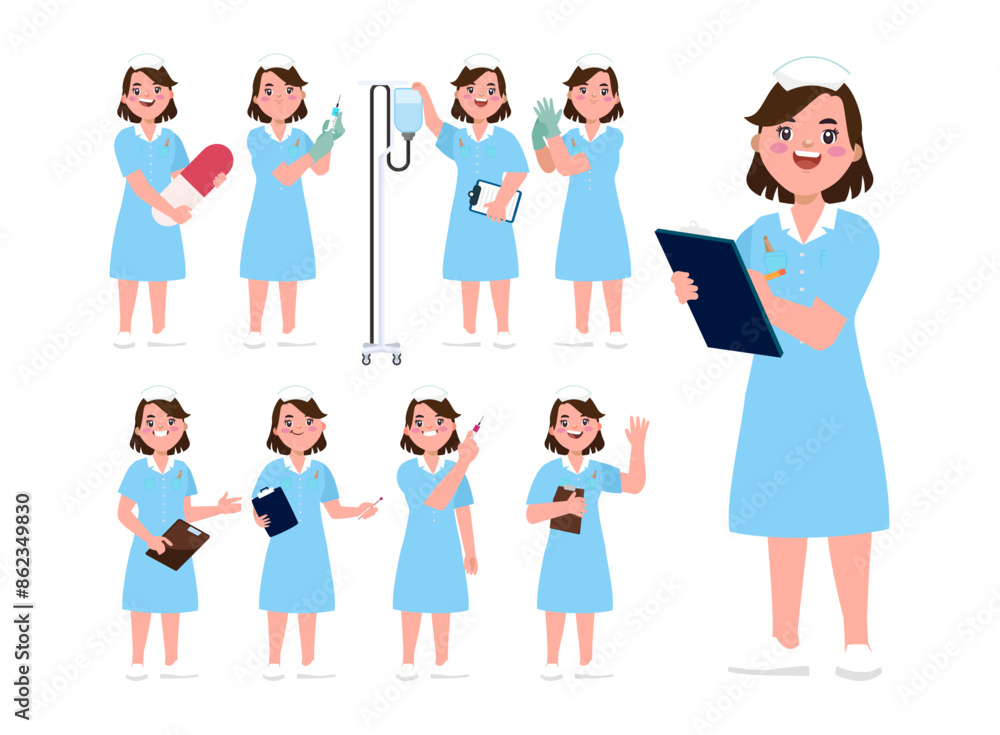 Set of Happy people in nurse uniform with different acting Set of Happy people in nurse uniform with different acting
