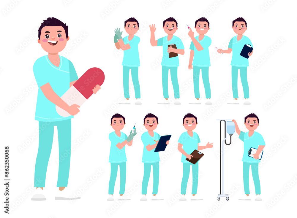 Set of Happy people in nurse uniform with different acting Set of Happy people in nurse uniform with different acting