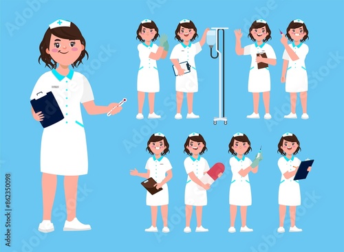 Set of Happy people in nurse uniform with different acting