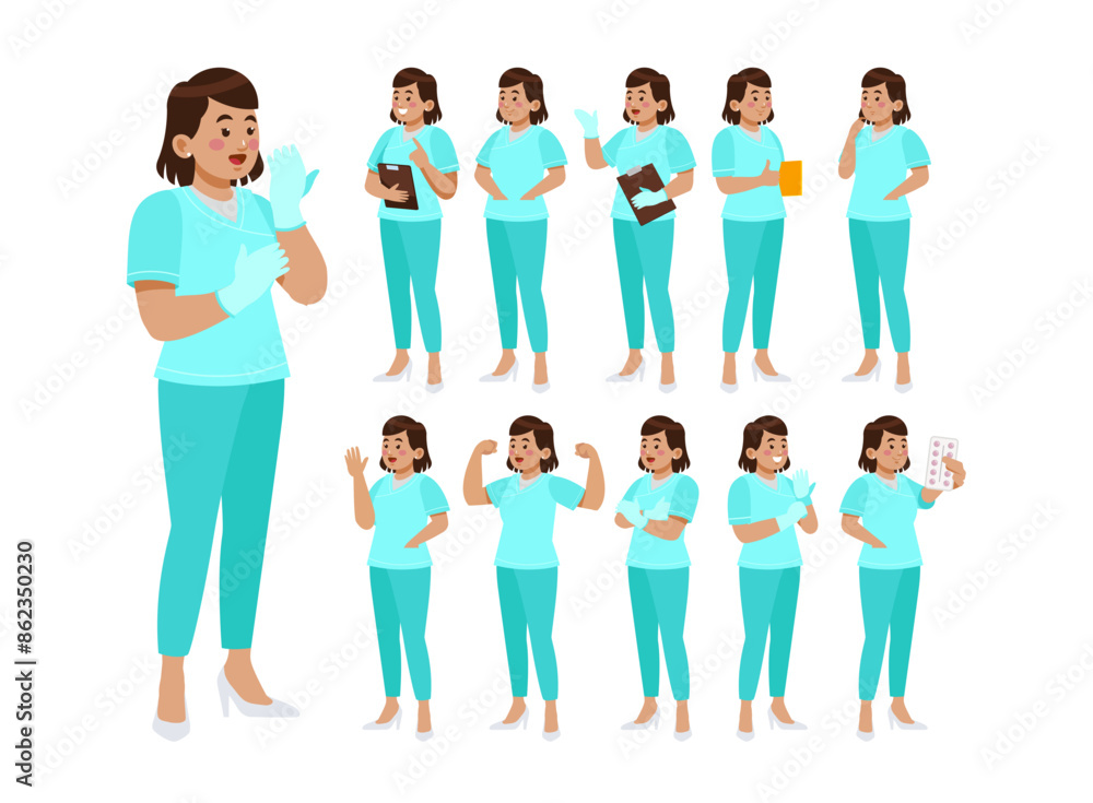 Obraz premium Set of Happy people in nurse uniform with different acting