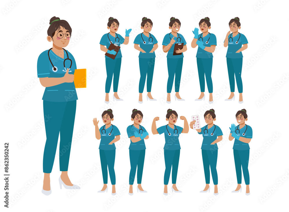 Fototapeta premium Set of Happy people in nurse uniform with different acting