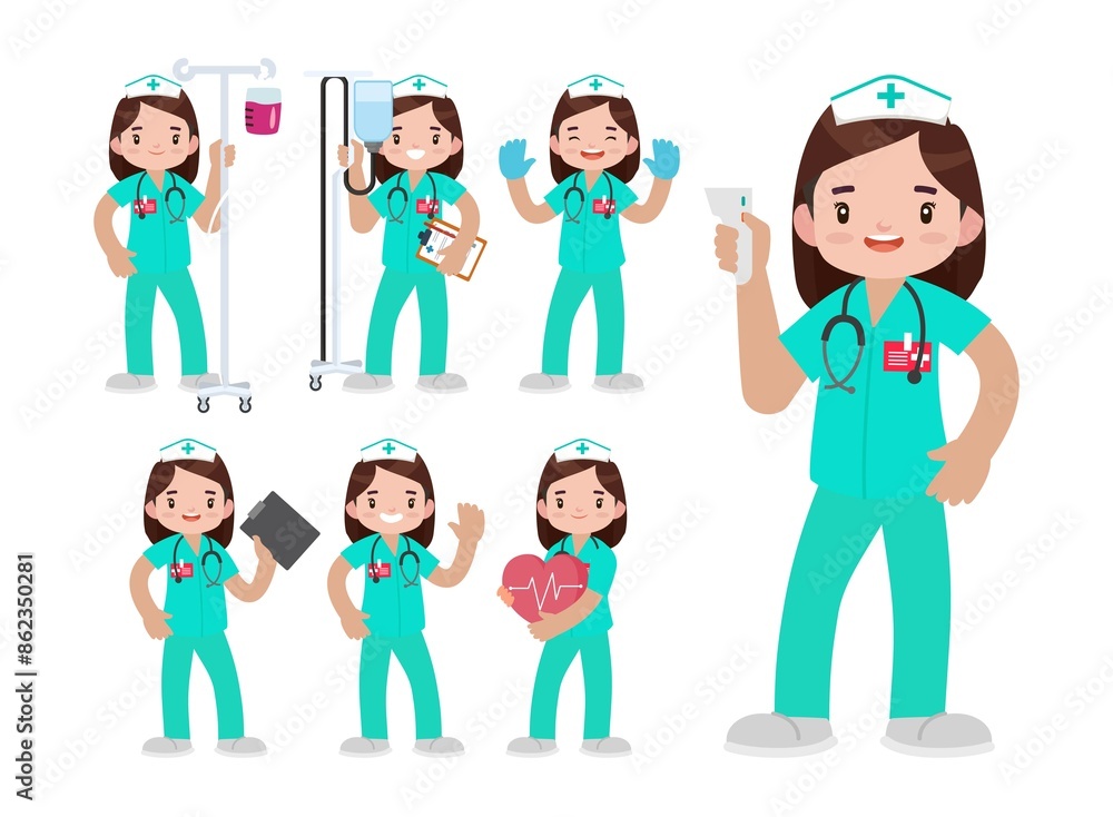 Set of Happy people in nurse uniform with different acting Set of Happy people in nurse uniform with different acting