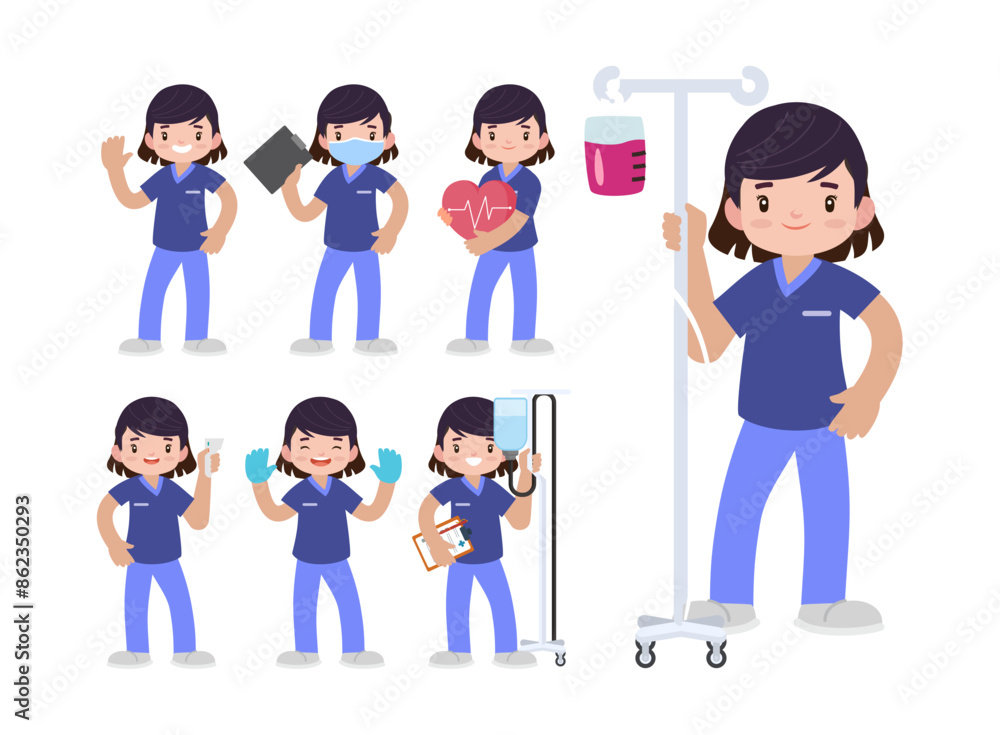 Set of Happy people in nurse uniform with different acting Set of Happy people in nurse uniform with different acting
