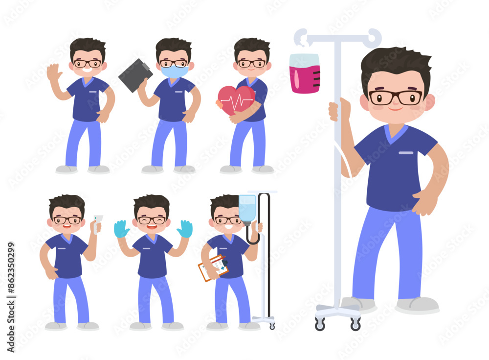 Set of Happy people in nurse uniform with different acting Set of Happy people in nurse uniform with different acting