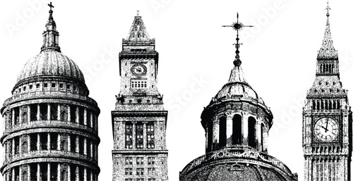 Collage design elements in trendy dotted pop art style. Retro building halftone effect. Vector illustration with vintage grunge punk cutout shapes.