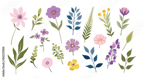 Set of isolated floral illustration with flowers, branches, berries, feathers, leaves and cute elements in simple plain graphic style on transparent background. Purple and pink color tone.