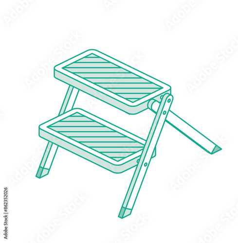 Isometric ladder. Metallic household steps. Ladder construction, stepladder isolated on white background. Outline object.