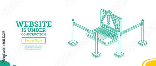 Web page of website under construction. Warning error. Isometric outline concept. Laptop and portable ribbon barrier. Fencing tape. Template for under maintenance page.