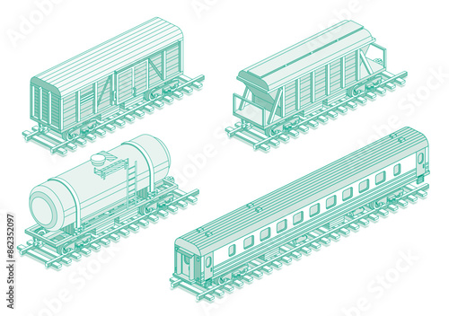 Isometric freight railroad, hopper car, railroad tank car and passenger railroad car. Object isolated on white background. Railway. Wagon on rails. Industrial transportation.