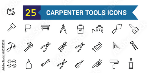 Carpenter tools icons set. Outline set of carpenter tools vector icons for ui design. Outline icon collection. Editable stroke.
