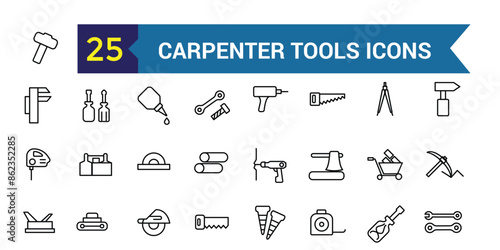 Carpenter tools icons set. Outline set of carpenter tools vector icons for ui design. Outline icon collection. Editable stroke.