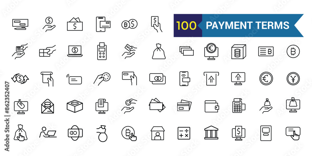 Payment terms icons set outline vector. Card credit. Document recharge. Outline icon collection. Editable stroke. Payment terms icons set outline vector. Card credit. Document recharge. Outline icon collection. Editable stroke.