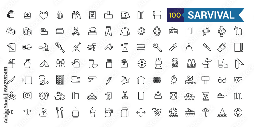 Survival icons set. Outline set of survival vector icons for ui design. Outline icon collection. Editable stroke. Survival icons set. Outline set of survival vector icons for ui design. Outline icon collection. Editable stroke.