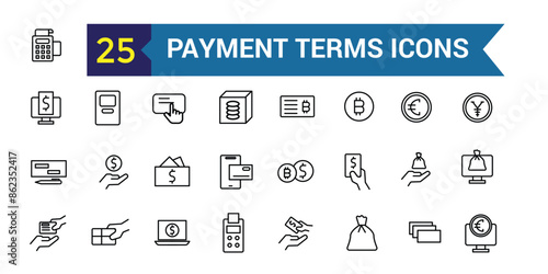 Payment terms icons set outline vector. Card credit. Document recharge. Outline icon collection. Editable stroke.
