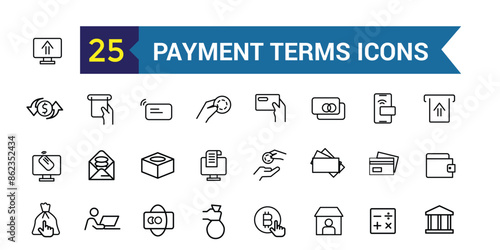 Payment terms icons set outline vector. Card credit. Document recharge. Outline icon collection. Editable stroke.