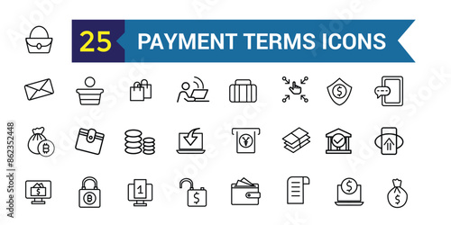 Payment terms icons set outline vector. Card credit. Document recharge. Outline icon collection. Editable stroke.