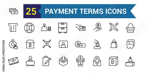 Payment terms icons set outline vector. Card credit. Document recharge. Outline icon collection. Editable stroke.