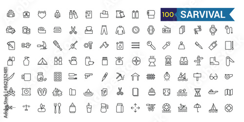 Survival icons set. Outline set of survival vector icons for ui design. Outline icon collection. Editable stroke.