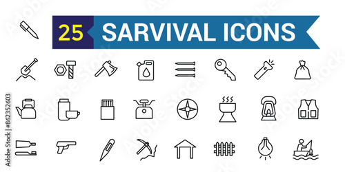 Survival icons set. Outline set of survival vector icons for ui design. Outline icon collection. Editable stroke.