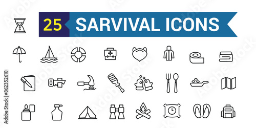Survival icons set. Outline set of survival vector icons for ui design. Outline icon collection. Editable stroke.