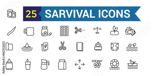 Survival icons set. Outline set of survival vector icons for ui design. Outline icon collection. Editable stroke.
