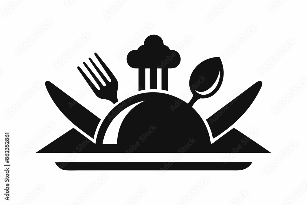Black and white restaurant logo with utensils and food Black and white restaurant logo with utensils and food