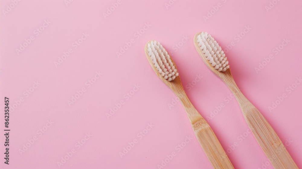 Two bamboo toothbrushes in eco friendly style on pink background Overhead view Two bamboo toothbrushes in eco friendly style on pink background Overhead view