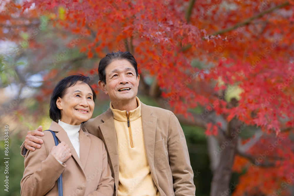 紅葉狩するシニア夫婦 紅葉狩するシニア夫婦
