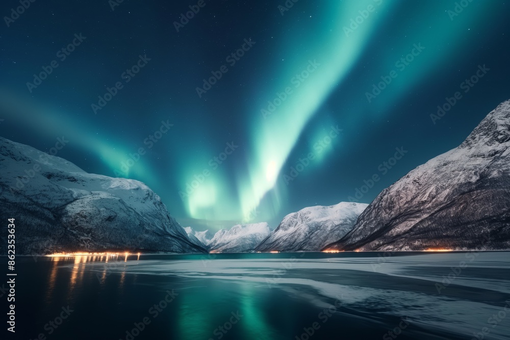 Fototapeta premium Stunning Northern Lights Over Snow-Capped Mountains Reflecting in Pristine Lake Under a Starry Night Sky for Nature Lovers and Adventure Seekers, Ideal for Travel Inspiration 
