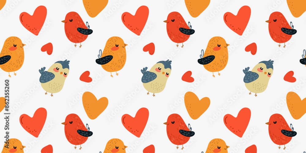 Seamless pattern with cute birds and red and orange hearts on a white background in cartoon style. Seamless pattern with cute birds and red and orange hearts on a white background in cartoon style.