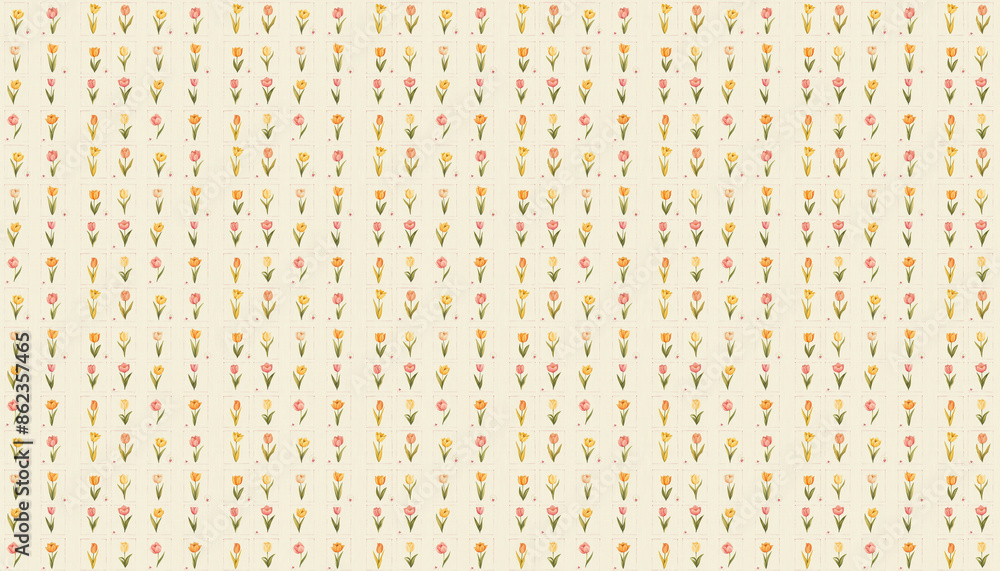 A pattern that features small flowers in square grid in pastel colors on cream linen fabric, each grid contains one tulip from various varieties A pattern that features small flowers in square grid in pastel colors on cream linen fabric, each grid contains one tulip from various varieties