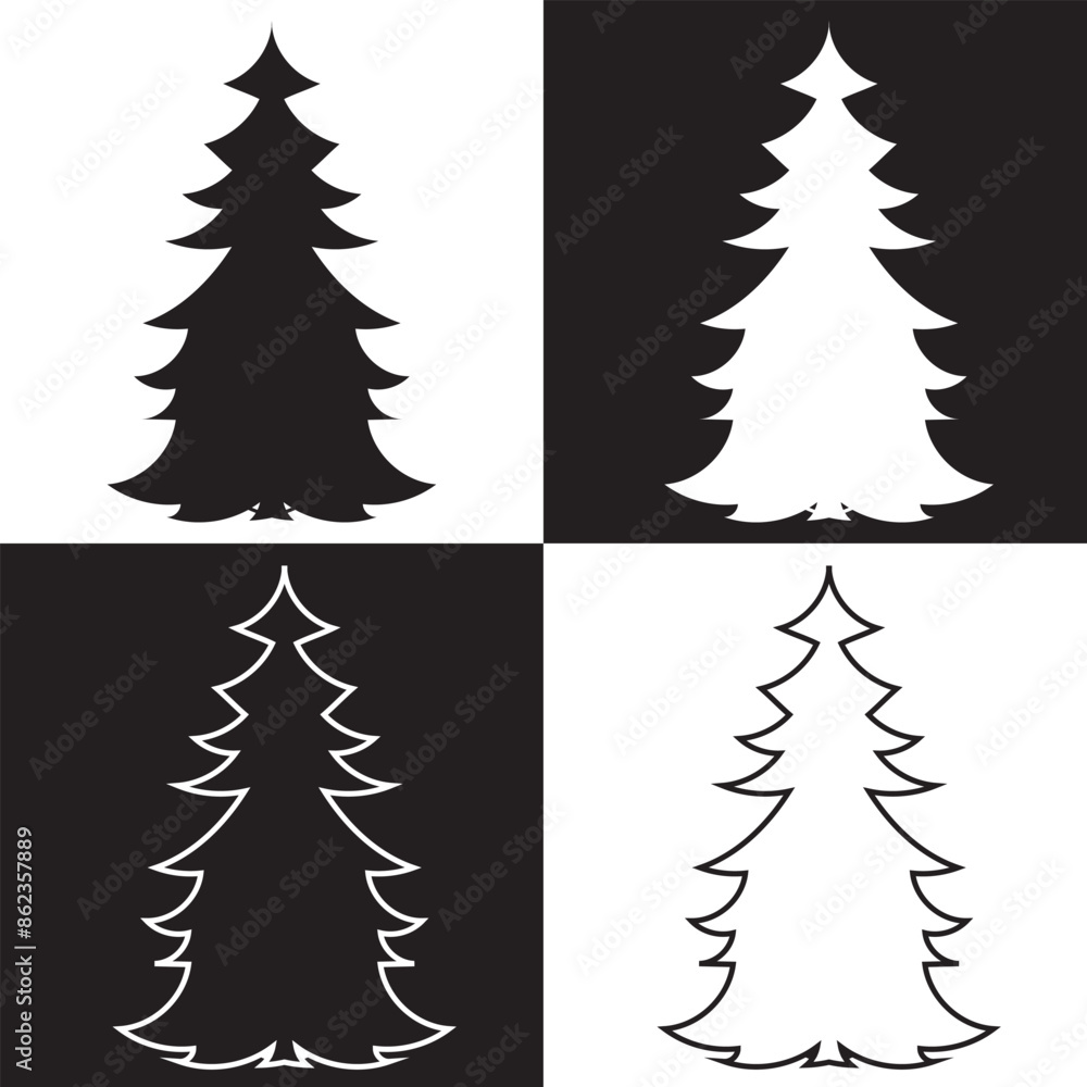 Obraz premium Christmas Fir Trees Set, Black Silhouette Pictograms Isolated On White and black Background, Winter Holiday Symbols. Vector . EPS 10