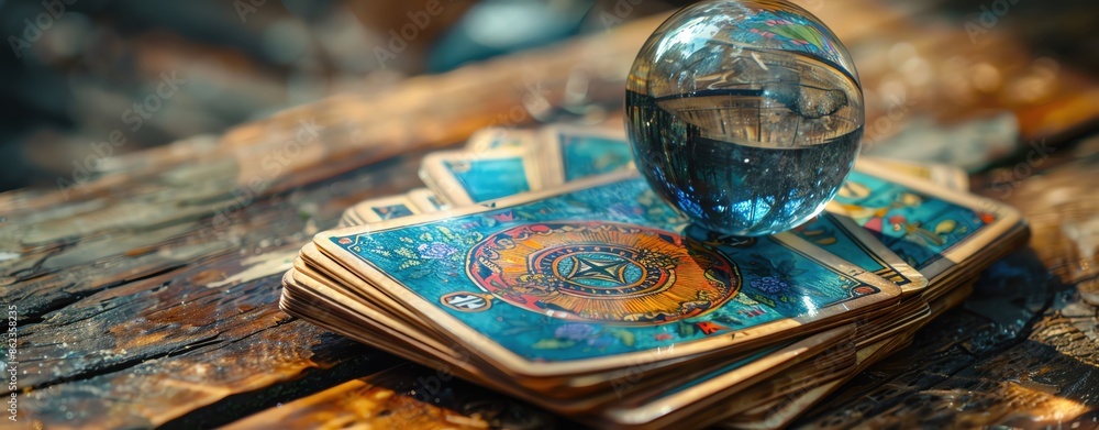 Tarot cards laid out with a crystal ball and ample room for text Tarot cards laid out with a crystal ball and ample room for text