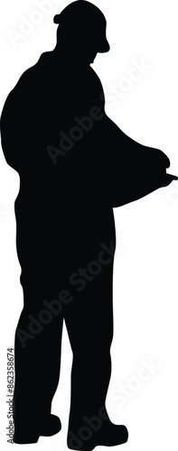 Construction worker silhouette illustration. Men doing outdoor activity. Construction worker pose wearing safety helmet